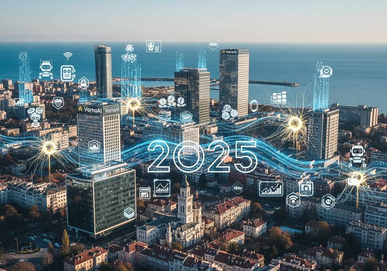 Ai Business Transformation Varna 2025 Cityscape Showing Modern Bulgarian Businesses With Futuristic Neural Networks Data Streams Automation Icons Digital Transformation Symbols Connected By Glowing Data Networks Aipowered Workflows Robotic Process Automation Predictive Analytics Dashboards Smart City Elements Black Sea Coastal Backdrop  Varnaai Bulgaria Digital Evolution