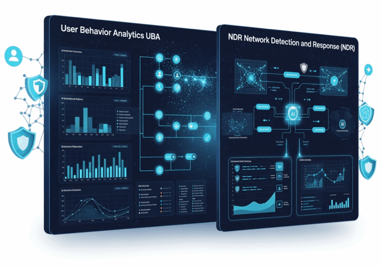 Aipowered Threat Detection Dashboard Showing Evolution From User Behavior Analytics Uba To Network Detection Response Ndr With Cybersecurity Monitoring Graphs And Neural Network Overlays  Varnaai Bulgaria