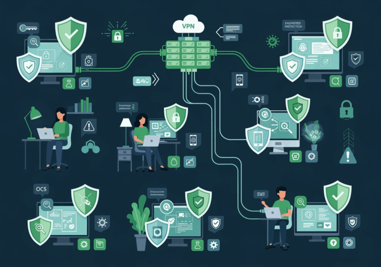 Endpoint Security Best Practices For Remote Teams Showing Distributed Workforce With Laptops Mobile Devices Connected Through Secure Vpn Tunnels With Security Shields Encrypted Data Flows Mfa Antivirus Protection  Varnaai Bulgaria Cybersecurity Solutions