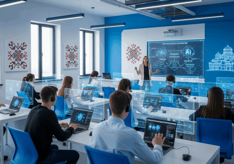 Aipowered Classroom Training Session With Students Using Digital Interfaces And Holographic Displays.