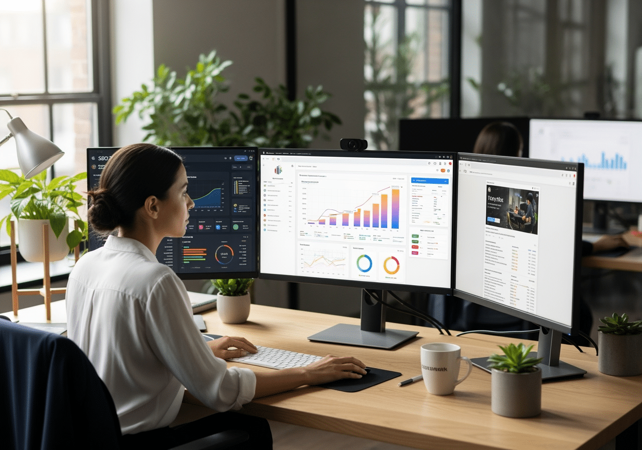 Person Analyzing Data On Multiple Screens.