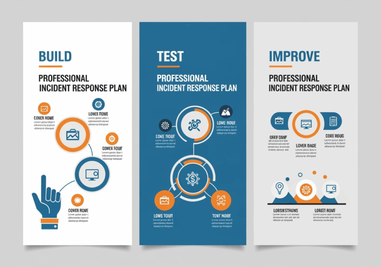 Incident Response Plan Template Infographic Showing Build Test Improve Cybersecurity Emergency Workflow With Planning Documents Team Structure Simulation Exercises Tabletop Drills Analysis Reports Feedback Loops Emergency Response Icons Flowcharts Checklists Recovery Processes  Varnaai Bulgaria Cybersecurity Incident Management 2025