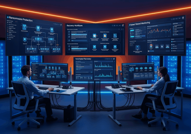 Varna Ai Ransomware Defense 2025 Operations Center Showing Backup Isolation Recovery Workflows With Automated Protection Monitoring And Cybersecurity Analysts