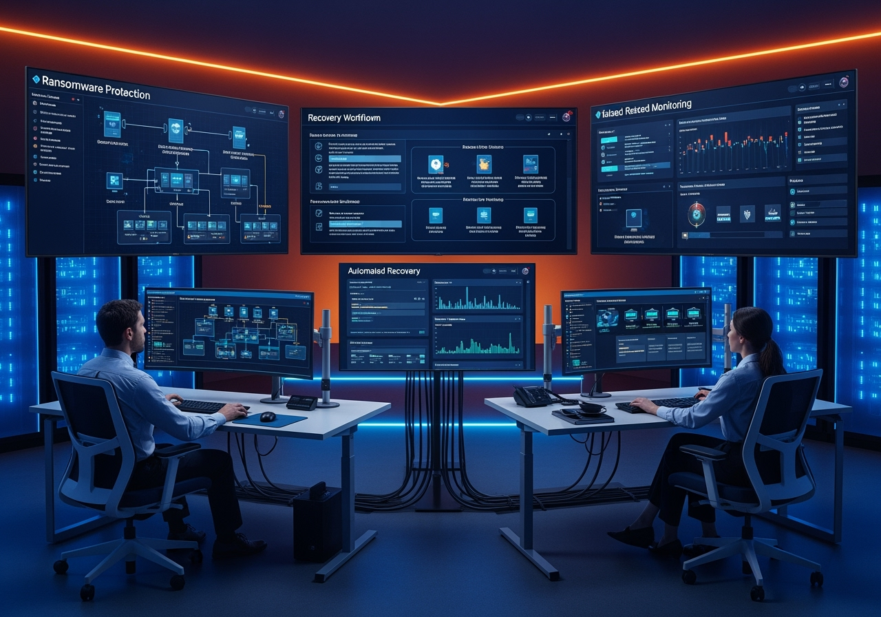 Varna Ai Ransomware Defense 2025 Operations Center Showing Backup Isolation Recovery Workflows With Automated Protection Monitoring And Cybersecurity Analysts