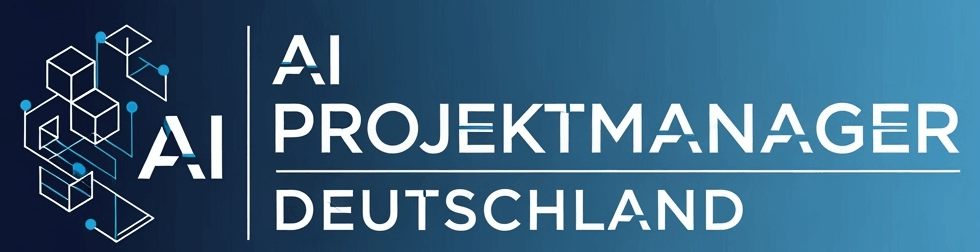 AI Projektmanager Deutschland company logo with modern blue design featuring AI brain circuits and project management elements