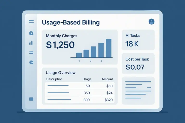 Modern Saas Dashboard Showing Usagebased Billing Metrics, Monthly Charges, Ai Task Counts, And Cost Per Task In A Clean Bluegray Interface