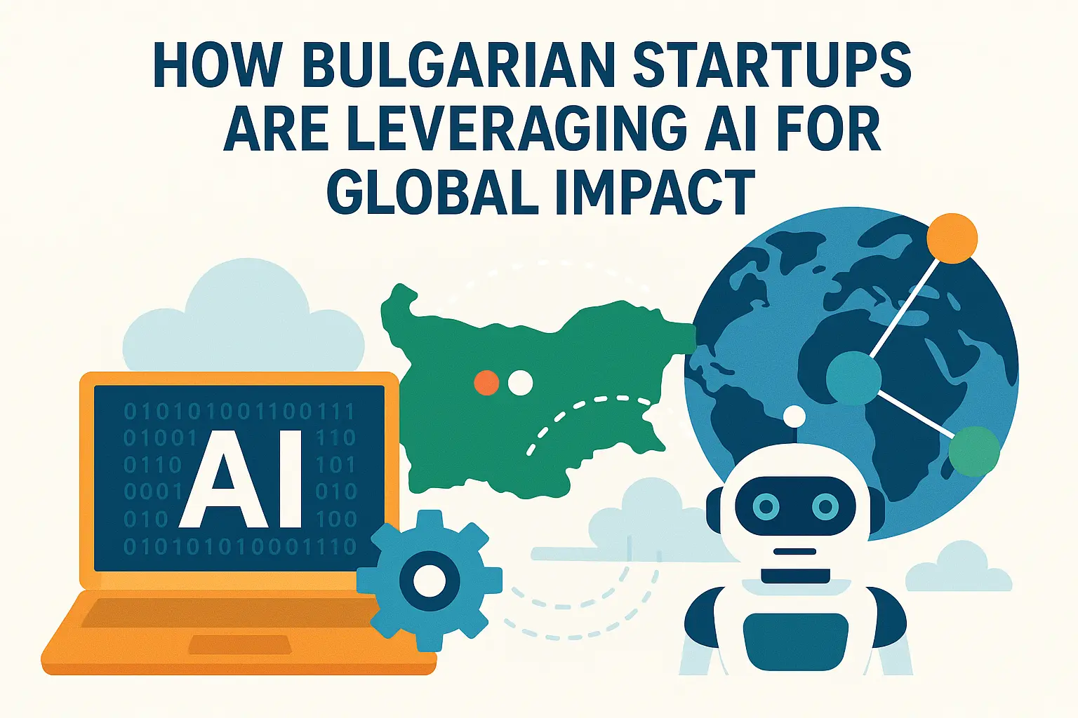 Illustration Showing How Bulgarian Startups Are Leveraging Ai For Global Impact, Featuring A Map Of Bulgaria, A Robot, A Laptop With “Ai” On Screen, And A Connected Globe.